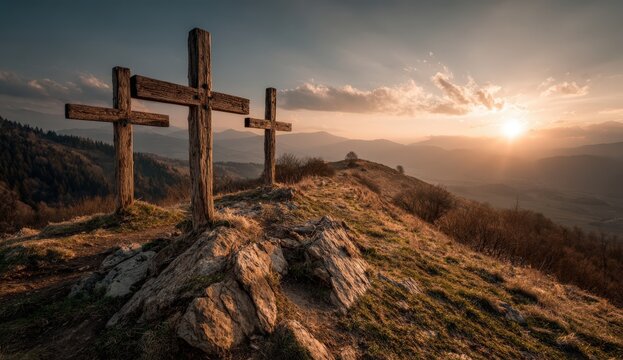 Three wooden crosses positioned on a rocky hilltop against a scenic sunset backdrop with mountains and clouds in the distance