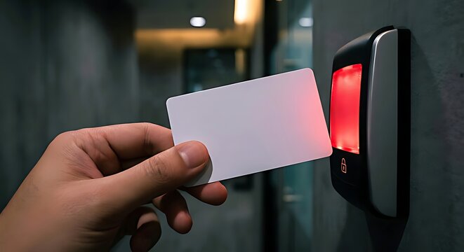 Person swiping blank white access card at electronic security door reader