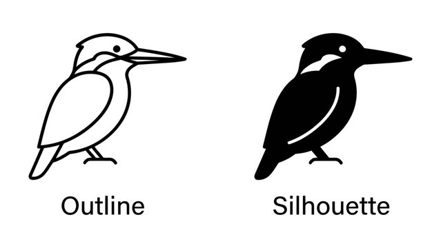 Kingfisher Outline and Silhouette: A visual comparison of a kingfisher bird, presented in both a clean line art outline and a stark black silhouette.