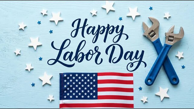 Happy Labor Day celebration background with American flag and tools