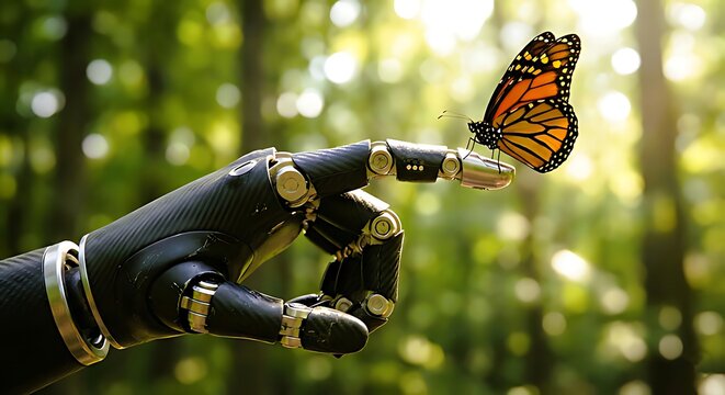 Robotic metal finger interacting with monarch butterfly in forest, butterfly