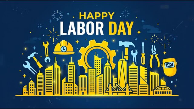 Happy Labor Day celebration background with city skyline and tool icons