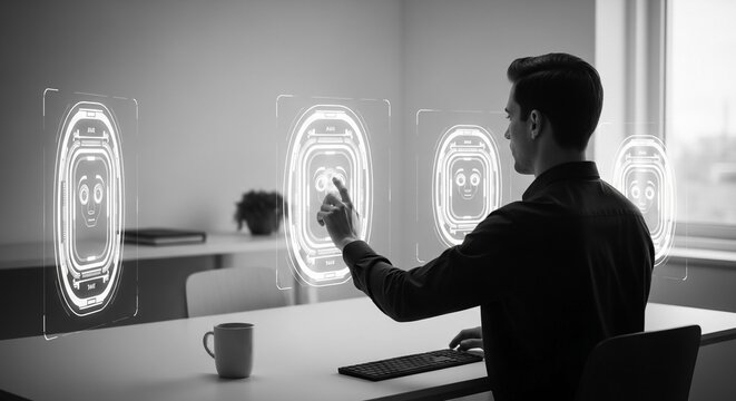 Man interacts with futuristic holographic interface at his desk in a modern office environment