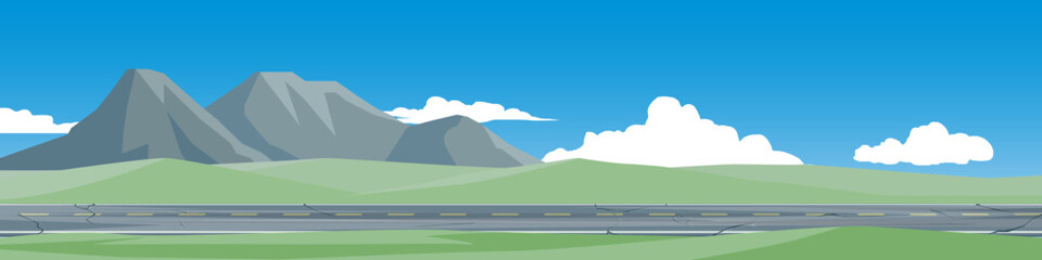 Fototapeta premium Horizontal of features a peaceful landscape banner with rolling green hills. Majestic mountains a wide asphalt road and fluffy white clouds under a bright blue sky. For banner background.