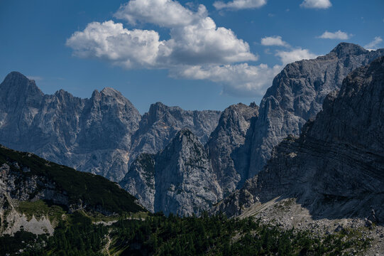 Summer alpine mountain landscape view from Slemenova Spica summit, Julian Alps, Slovenia