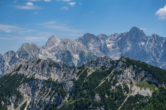 Summer alpine mountain landscape view from Slemenova Spica summit, Julian Alps, Slovenia