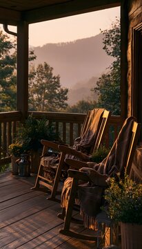 Rustic cabin porch serenity blankets warm light mountain view relaxation tranquil cozy escape peaceful home lifestyle