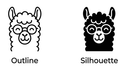 Llama Icon Set: Two stylized llama icons, one in outline and one in silhouette, both featuring round glasses, represent a friendly and modern graphic element. © Fara