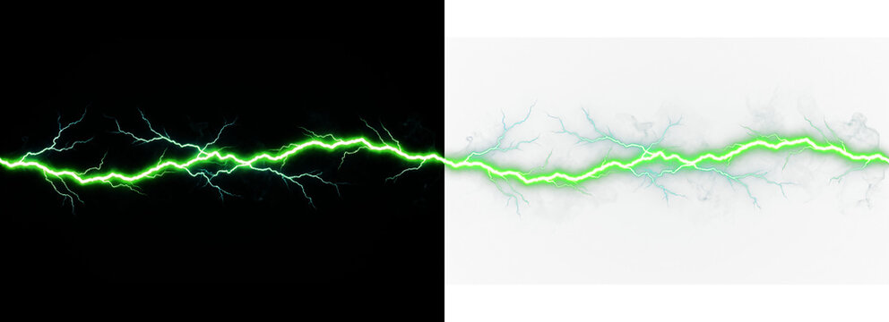 Green lightning bolt electric discharge effect on black and transparent background