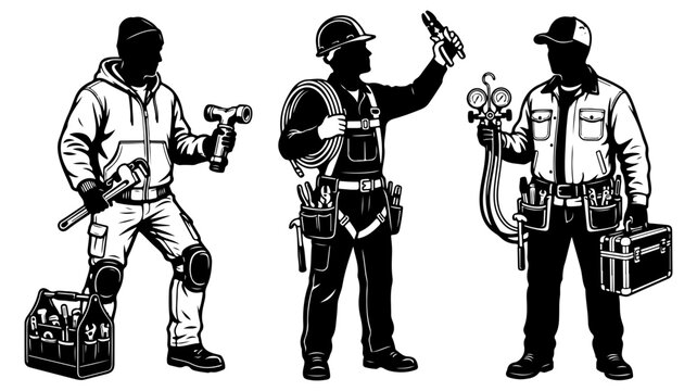 Industrial construction worker silhouettes, professional tradesman with tools and safety gear, manual labor technician vector set