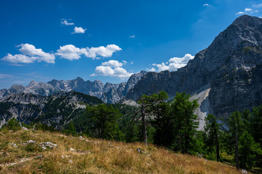 Summer alpine mountain landscape view from Slemenova Spica summit, Julian Alps, Slovenia