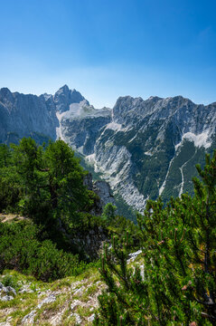 Summer alpine mountain landscape view from Slemenova Spica summit, Julian Alps, Slovenia