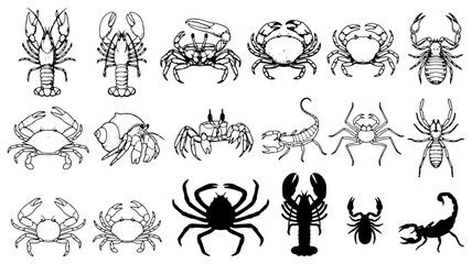 Naklejka premium Vintage crustacean and arachnid line art set, 18 seafood and insect vector icons, black and white lobster and crab illustrations