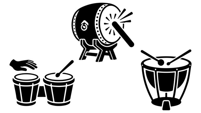 Traditional drum vector set, black and white percussion instrument icons, ethnic bongo and taiko drum illustrations