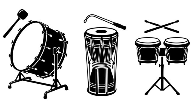 Percussion instrument vector set, black and white orchestral bass drum and bongo icons, professional musical equipment illustrations