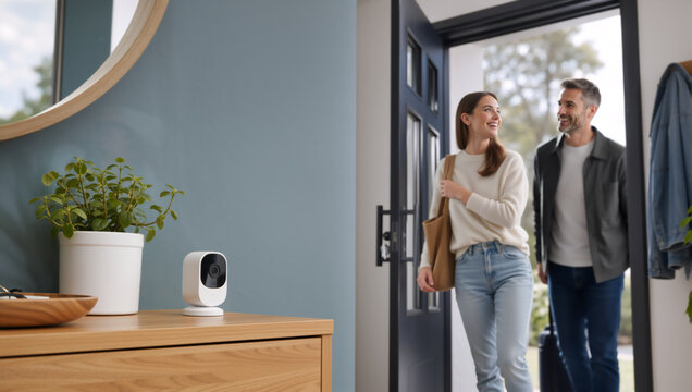 Smart home security camera on wooden table in entryway. Happy couple with luggage returning home and walking through front door