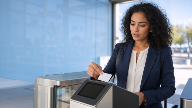 Businesswoman using contactless smart card at security turnstile. Professional female employee entering modern office building lobby. Access control concept