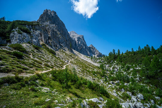 Summer alpine mountain landscape view from Slemenova Spica summit, Julian Alps, Slovenia