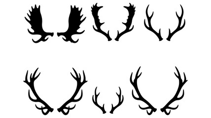 Obraz premium Rustic deer antler silhouettes, 6 pairs of black animal horns, moose and elk trophy icons, hunting lodge vector graphics
