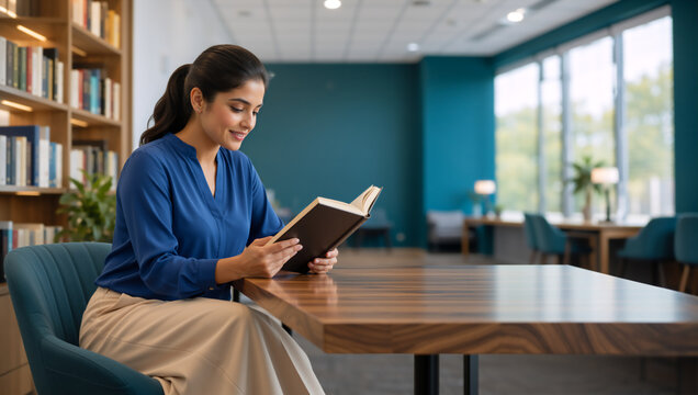 Young South Asian woman reading a book in a modern library. Female student studying at a wooden table in a quiet learning space