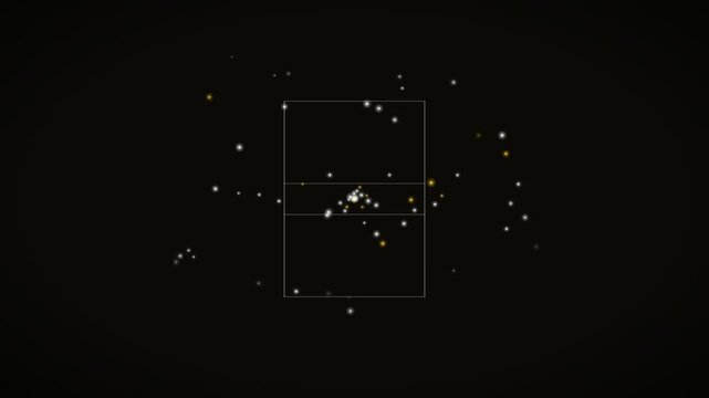 White and gold particles eject from a wireframe cube
