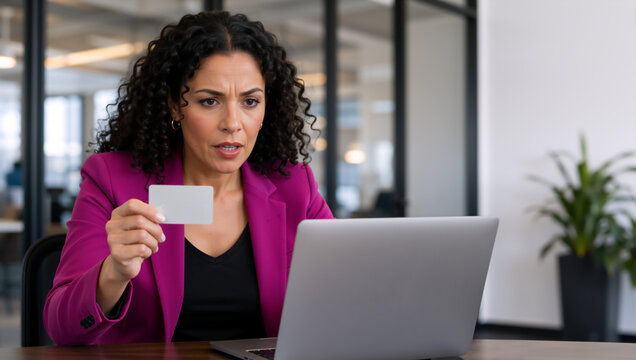 Concerned businesswoman holding a blank card while looking at a laptop. Frustrated woman experiencing online payment issues or credit card decline in a modern office