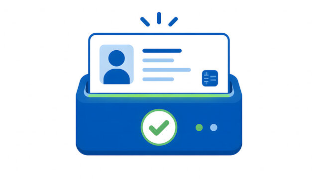 digital identity card inserting into a blue scanner machine with a green checkmark verification symbol on a white background vector illustration