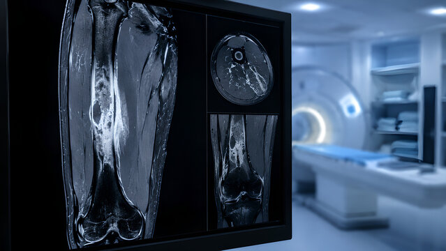Bone osteomyelitis radiology imaging with localized marrow edema and inflammation in a clinical MRI setting, realistic diagnostic concept for healthcare, medical education, and patient education
