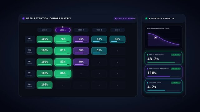 User cohort retention heatmap matrix and weekly churn dashboard