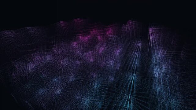Abstract quantum neural network of glowing connected nodes evolving through layered data structures and topographic grids in a seamless looping technology motion background