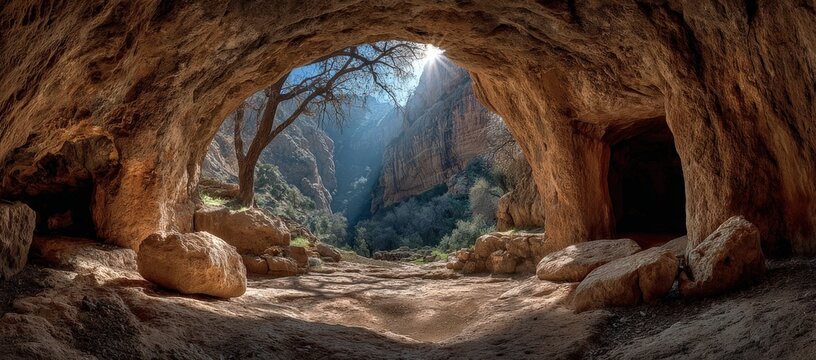 Panoramic view from inside a cave showing sunlight streaming through the opening, illuminating rocky terrain and a lush valley with trees in the background