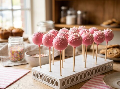 Colorful cotton candy sticks arranged on a decorative metal tray in a cozy kitchen setting.