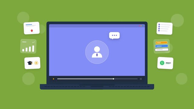Laptop screen showing online education icons on green background. 4K