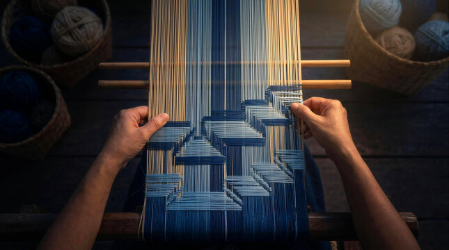 Close up of artisan hands weaving intricate geometric pattern on traditional wooden loom with yarn
