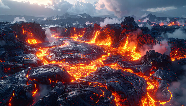 Stunning Volcanic Landscape with Glowing Molten Lava Flowing Over Dark Basalt Rocks and Thick Steam