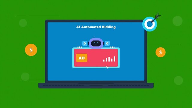 Ai automated bidding process on laptop screen for digital marketing. 4K