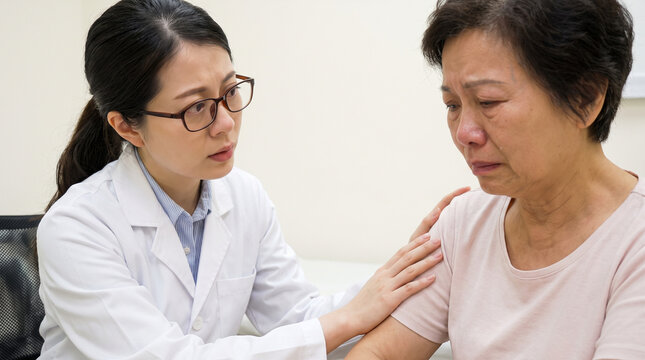 Photo, close-up, a doctor examining a patient with a sad expression, a doctor at work, hospital  