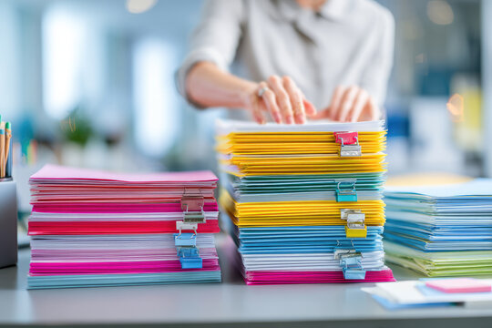 Woman organizing thick stack of office documents and reports with colorful binder clips on a desk in a modern corporate workspace, hands sorting paperwork and files 