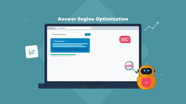 Answer engine optimization concept with robot and laptop. 4K