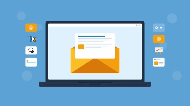 Laptop screen displaying an email marketing campaign with icons. 4K