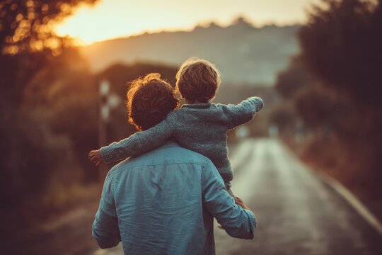 Father carrying son on shoulders while walking down a rural road at sunset, trees lining the path and a warm glow illuminating the scene