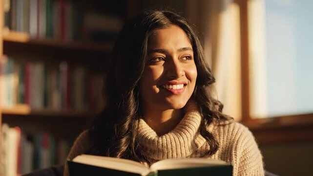 Young Woman Reading Book in Cozy Library with Warm Sunlight, Knowledge and Education Concept, Relaxed Lifestyle