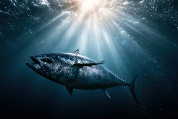 Fototapeta premium Massive tuna fish swimming in blue ocean