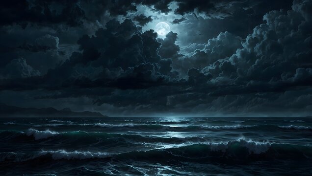 Full moon over dark ocean waves at night with dramatic cloudy sky and moonlight reflection