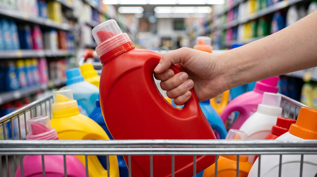 Hand holding red laundry detergent bottle inside shopping cart at supermarket aisle with detergent shopping supermarket cleaning products consumer customer