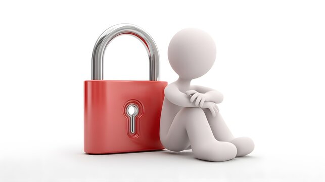 Minimalist 3D stick figure sitting beside a padlock, symbolizing cybersecurity, privacy, data protection, digital trust, and secure access.