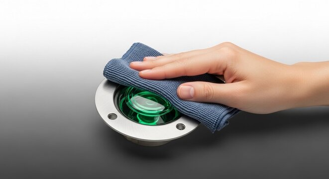 A hand meticulously swabbing a green helideck perimeter light with a microfiber cloth for essential aviation maintenance and safety