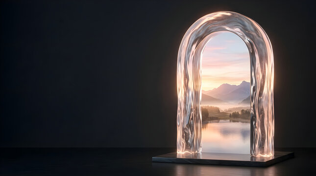 Surreal liquid archway portal revealing a scenic mountain sunrise landscape
