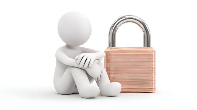 Minimalist 3D stick figure sitting beside a padlock, symbolizing cybersecurity, privacy, data protection, digital trust, and secure access.