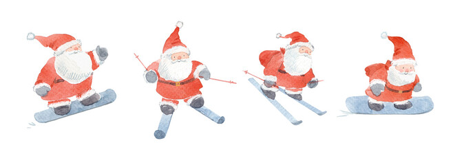 Fototapeta premium Watercolor Santa Claus Skiing and Snowboarding Set, Cute Christmas Winter Sport Character Collection